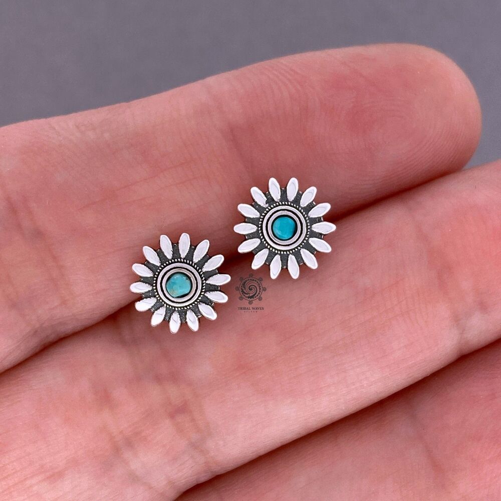 Turquoise Sterling Silver Stud Flower Daisy Earrings 925 Round 8.5 mm, USA